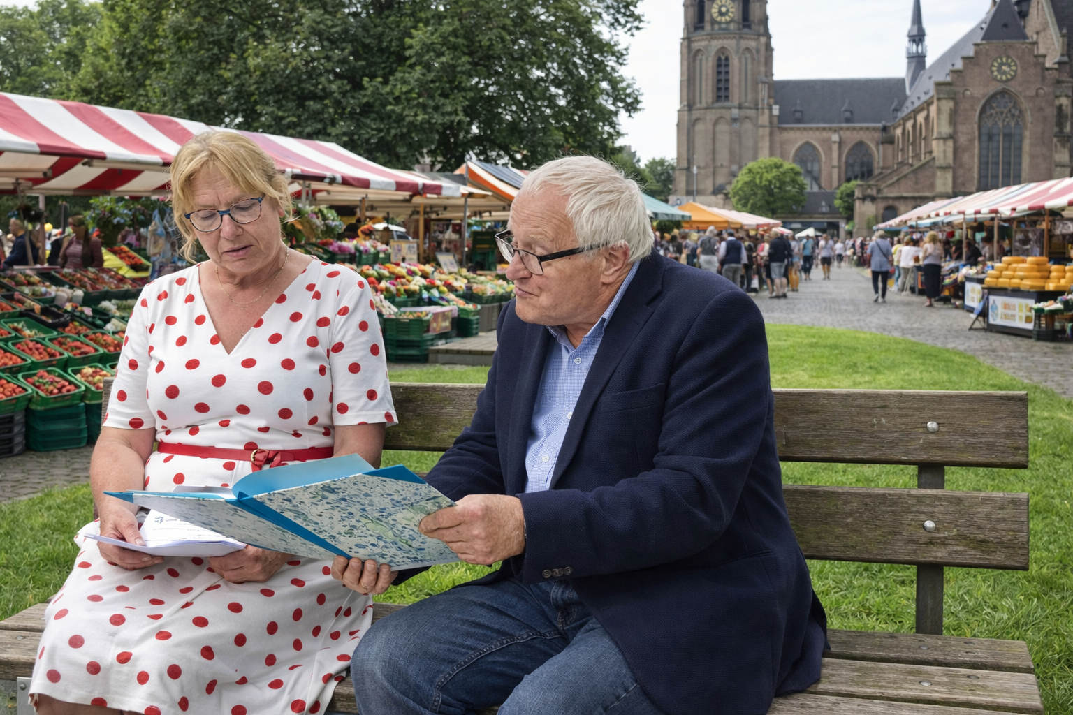 oud koppel op parkbank in markt
